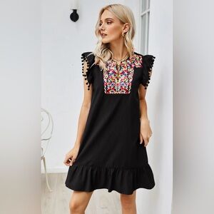 Kirundo Womens Boho Mini Black Multi Colored Embroidered Baby Doll Dress Size S